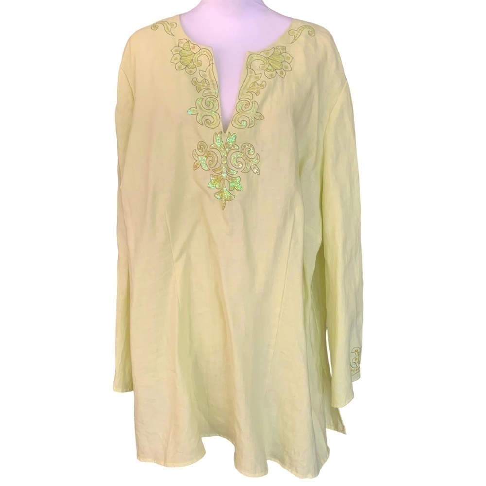 ST Tropez West 100% Linen Lagenlook Sequin Collar Long Sleeve Tunic Lime Sz 20